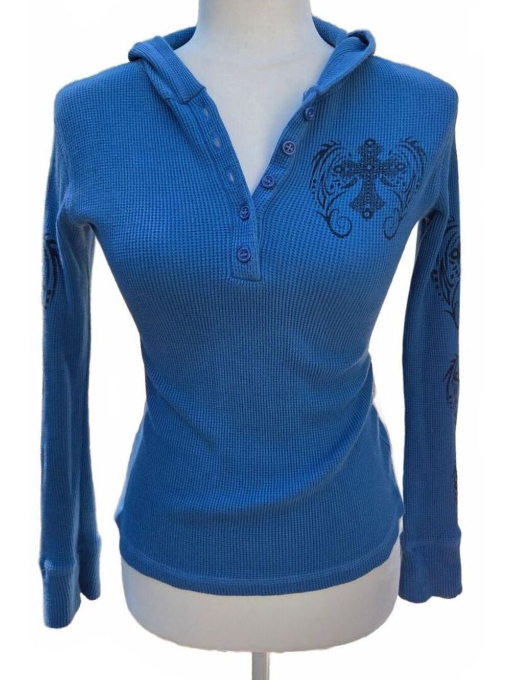 Ocasion Blue Waffle Knit Winged Cross Hoodie Large Y2K Grunge McBling Henley
